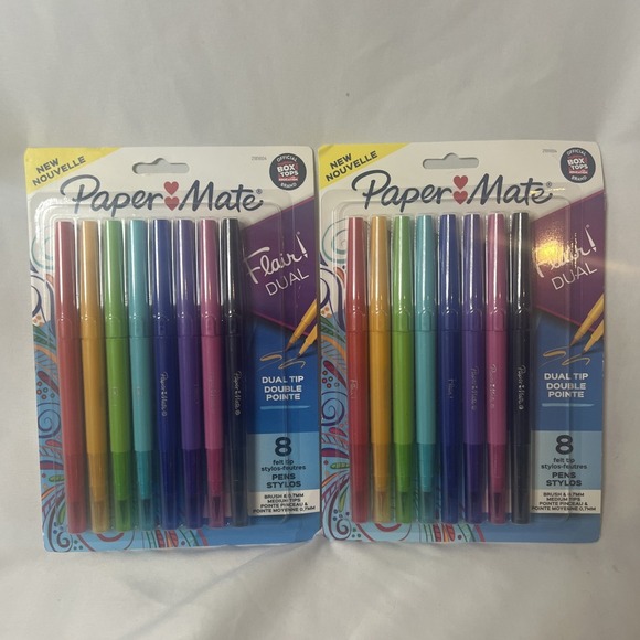 (2) Paper Mate‎ Flair! DUAL Felt Tip Pens Assorted Ink  Colors 8 Pack Medium Tip - Picture 1 of 3